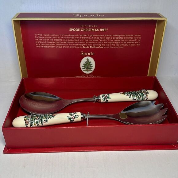 Spode Christmas Tree Salad Servers Serving Set Spoon Spork New In Original Box - Picture 1 of 7